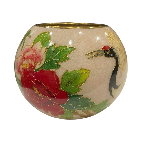 Vintage Plique-à-Jour Cloisonné Glass Candle Holder w/ Crane Pale Pink Luminary - Picture 2 of 11